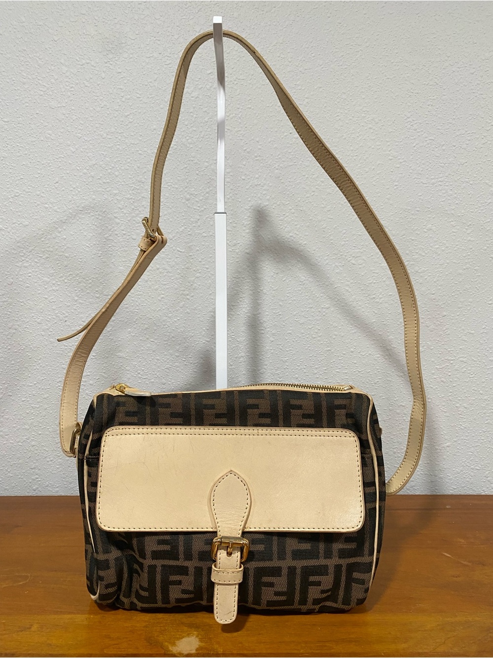 Designer-Inspired Brown Monogram Crossbody with Beige Trim